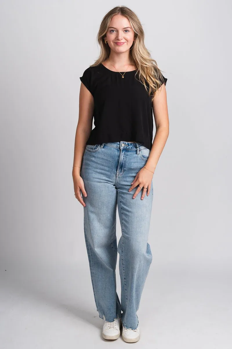 Cap sleeve boxy top black